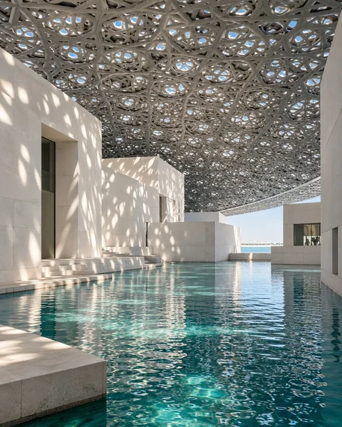 Mưa ánh sáng xuyên mái vòm hình học Louvre Abu Dhabi bên mặt nước